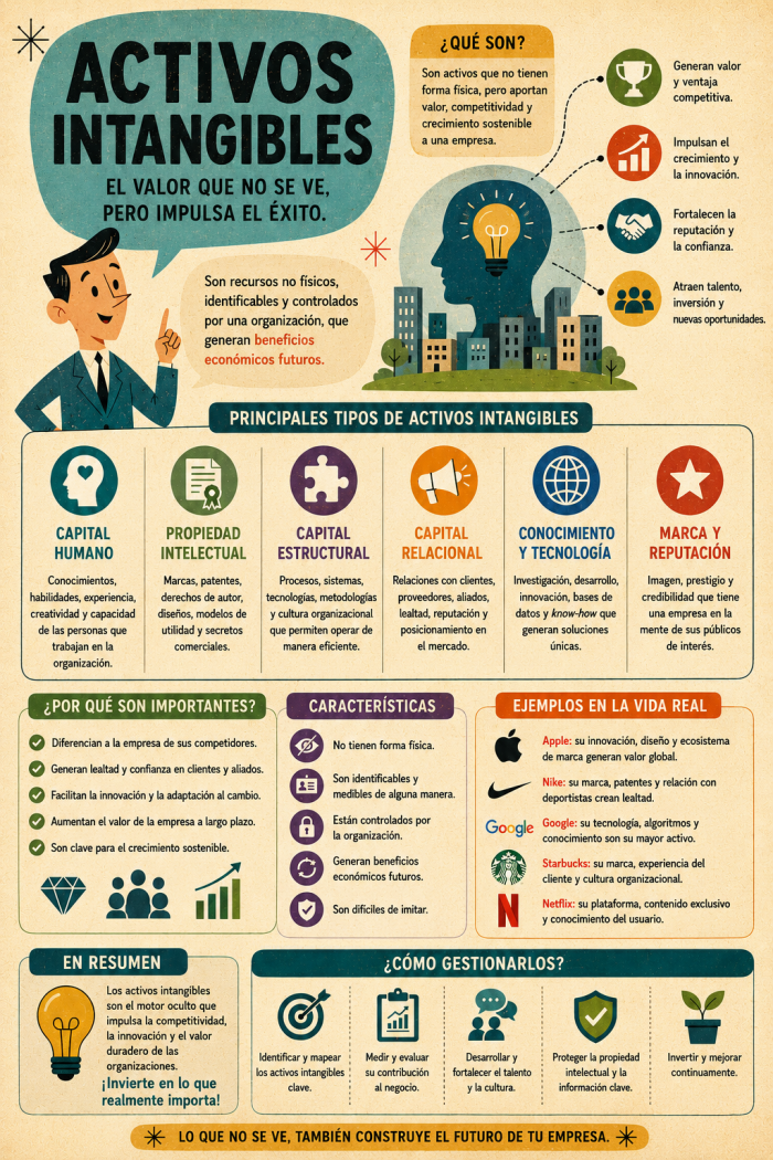 Infografía educativa sobre Activos intangibles, sus elementos principales y su relación con el marketing digital.