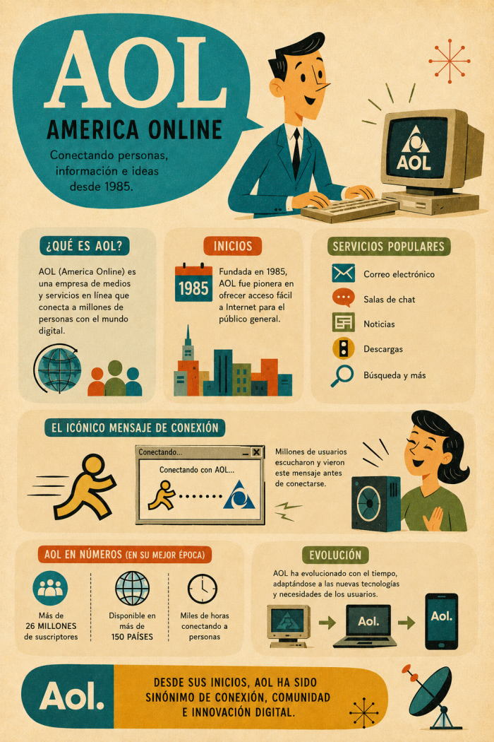 Infografía educativa sobre AOL, sus elementos principales y su relación con el marketing digital.