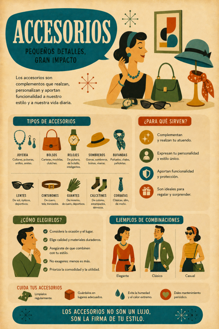 Infografía educativa sobre Accesorios, sus elementos principales y su relación con el marketing digital.