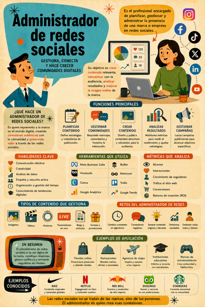 Infografía educativa sobre Administrador de redes sociales, sus elementos principales y su relación con el marketing digital.