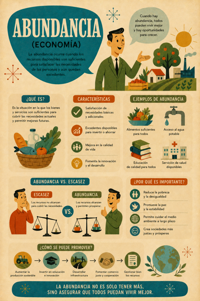 Infografía educativa sobre Abundancia (economía), sus elementos principales y su relación con el marketing digital.
