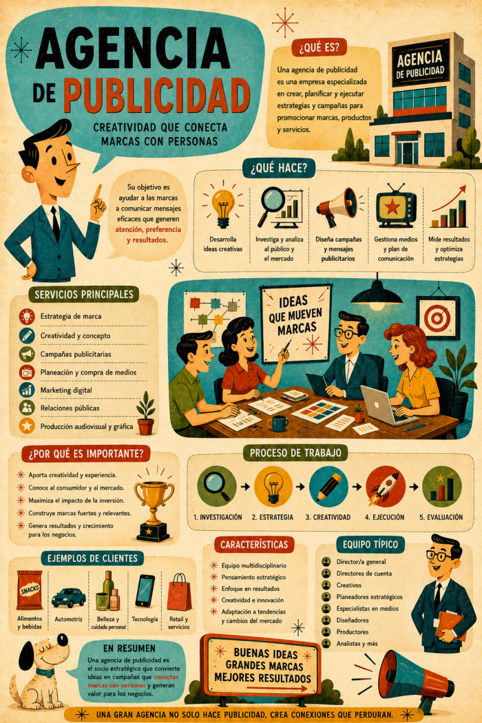 Infografía educativa sobre Agencia de publicidad, sus elementos principales y su relación con el marketing digital.