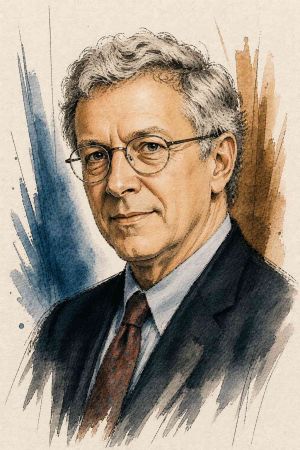 Retrato de George Akerlof con gafas y traje