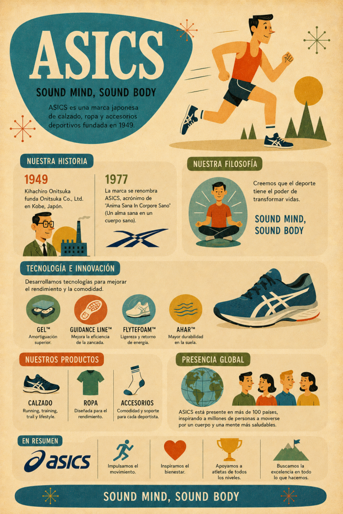 Infografía educativa sobre ASICS, sus elementos principales y su relación con el marketing digital.