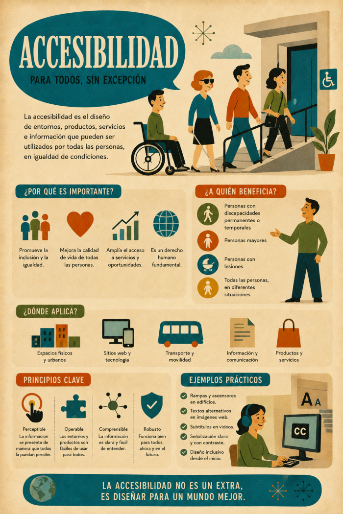 Infografía educativa sobre Accesibilidad, sus elementos principales y su relación con el marketing digital.