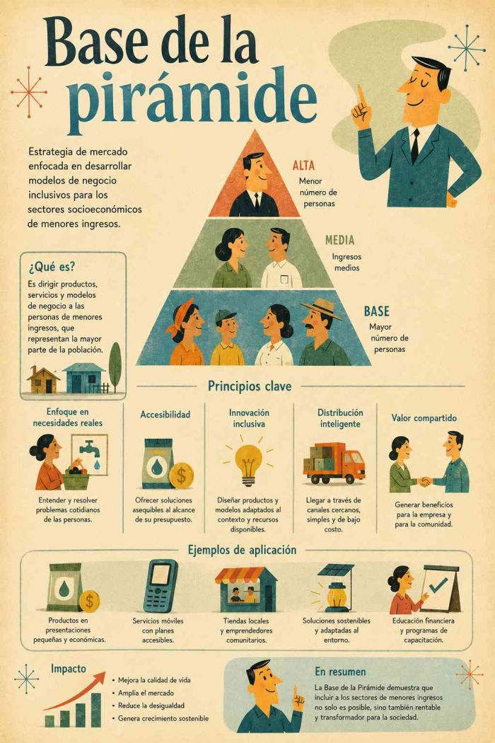 Infografía educativa sobre Base de la Pirámide, sus elementos principales y su relación con el marketing digital.