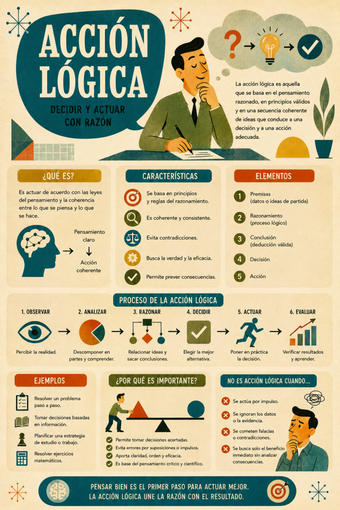 Infografía educativa sobre Acción lógica, sus elementos principales y su relación con el marketing digital.