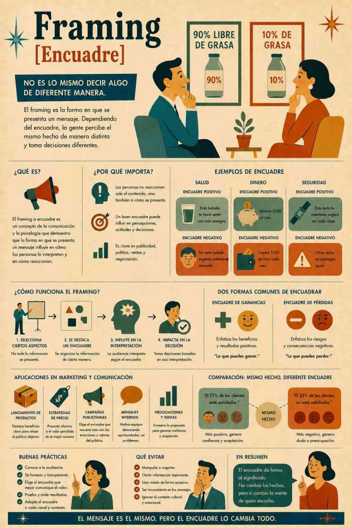 Infografía educativa sobre Framing, sus elementos principales y su relación con el marketing digital.