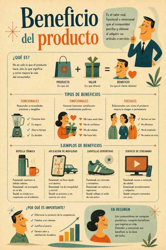 Infografía educativa sobre Beneficio del Producto, sus elementos principales y su relación con el marketing digital.