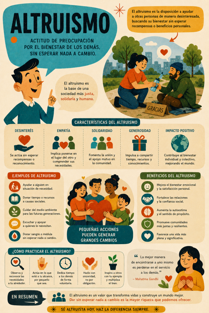 Infografía educativa sobre Altruismo, sus elementos principales y su relación con el marketing digital.