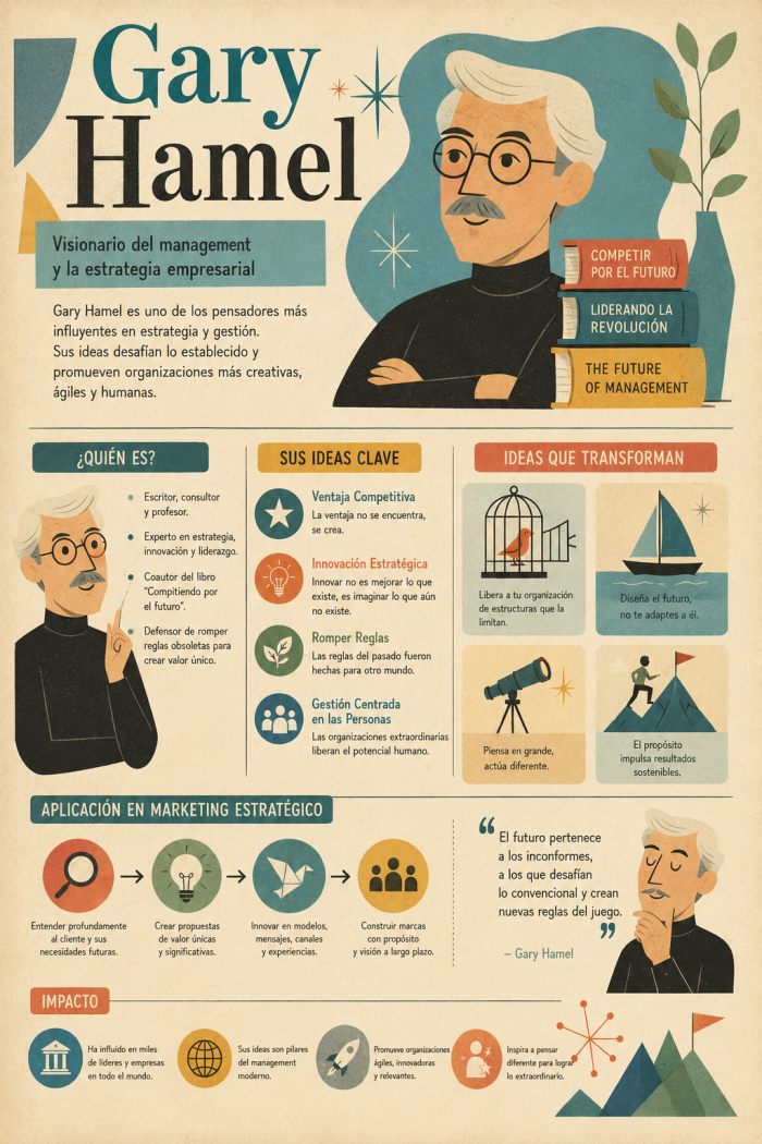 Infografía educativa sobre Gary Hamel, sus elementos principales y su relación con el marketing digital.