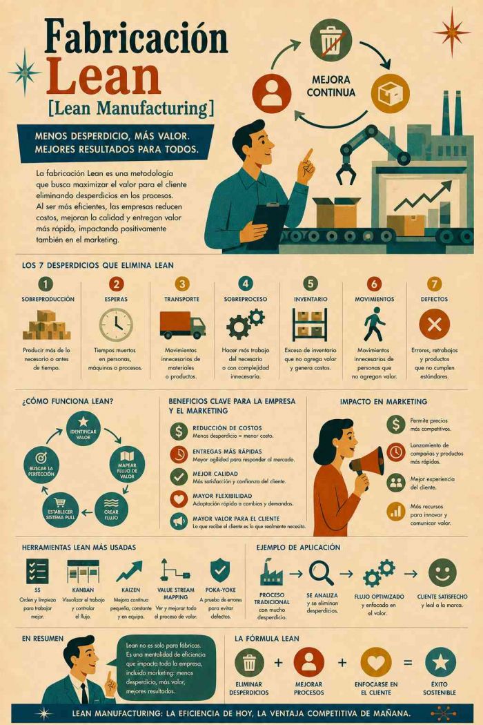 Infografía educativa sobre Fabricación Lean, sus elementos principales y su relación con el marketing digital.