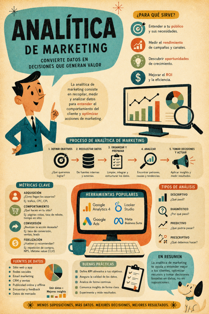 Infografía educativa sobre Analítica de marketing, sus elementos principales y su relación con el marketing digital.