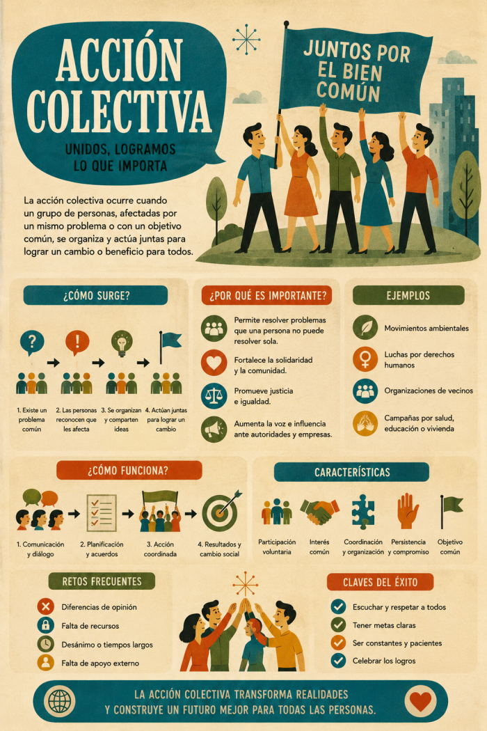 Infografía educativa sobre Acción colectiva, sus elementos principales y su relación con el marketing digital.