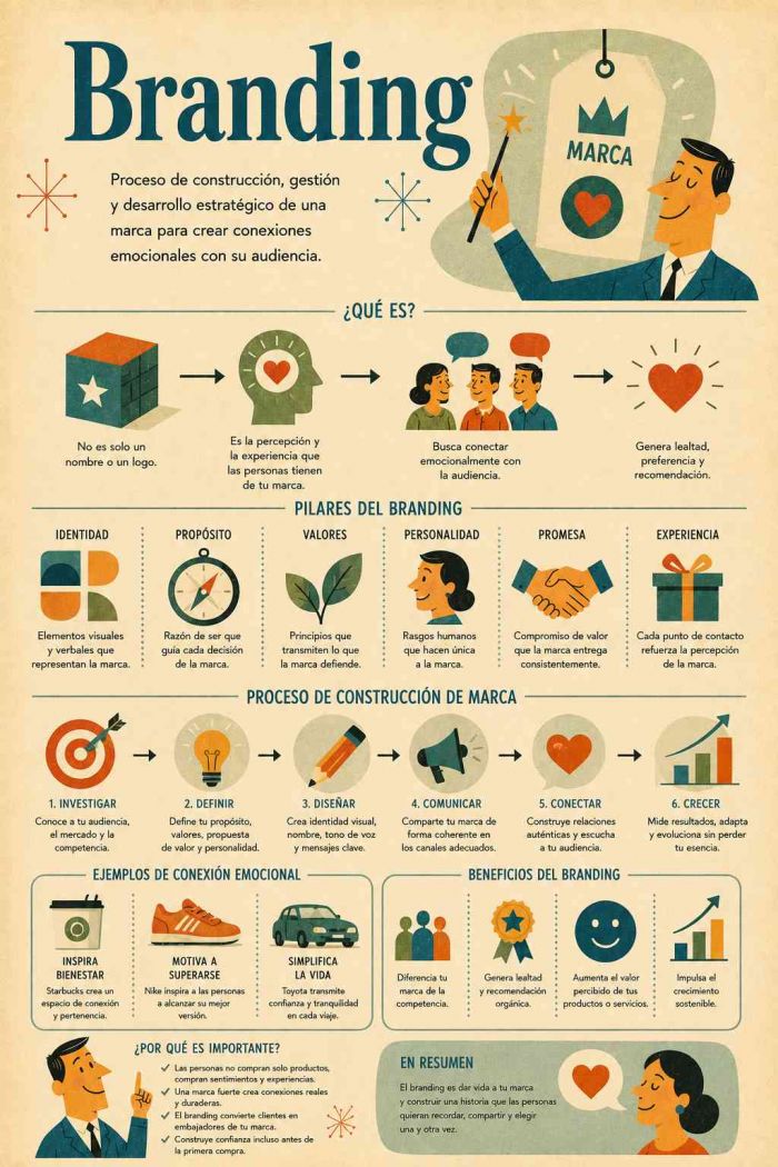Infografía educativa sobre Branding, sus elementos principales y su relación con el marketing digital.