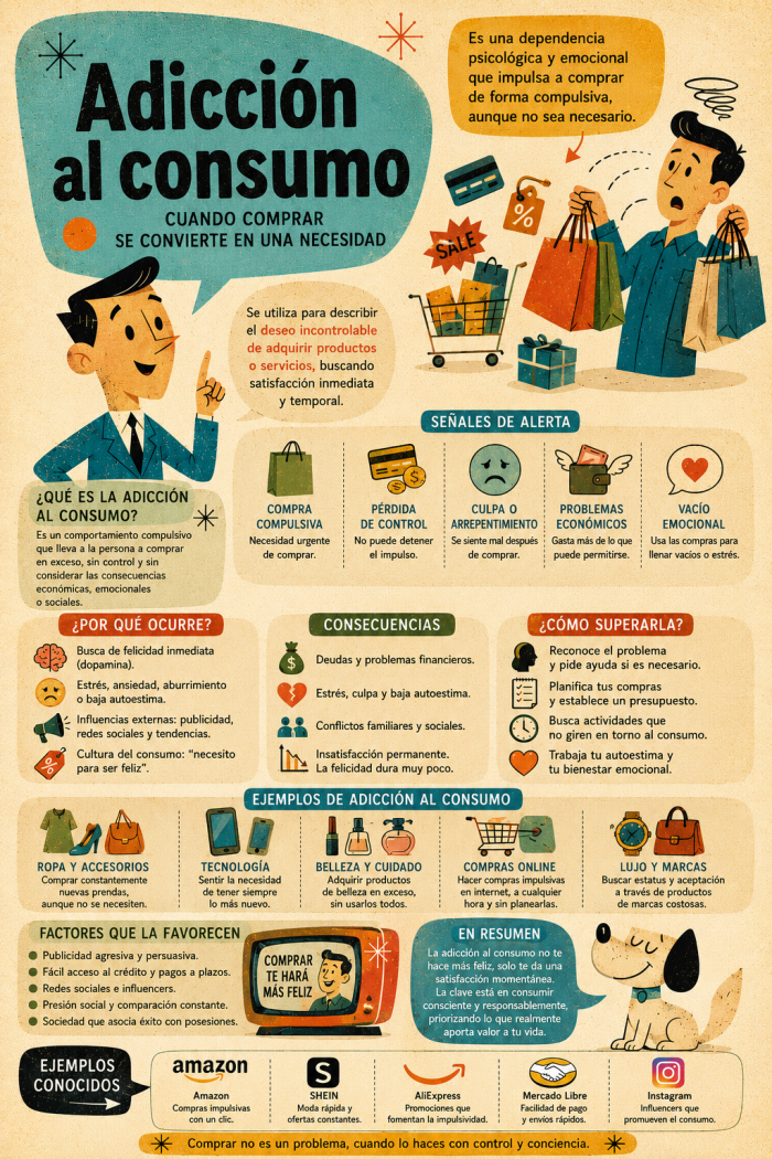 Infografía educativa sobre Adicción al consumo, sus elementos principales y su relación con el marketing digital.