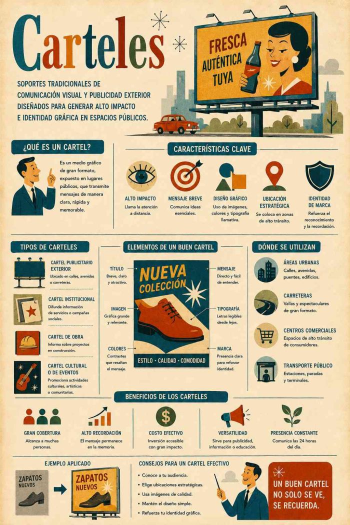 Infografía educativa sobre Carteles, sus elementos principales y su relación con el marketing digital.