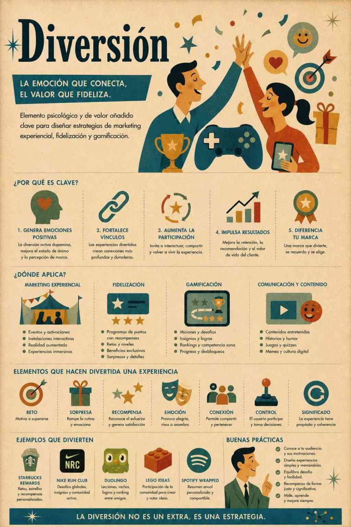 Infografía educativa sobre Diversión, sus elementos principales y su relación con el marketing digital.