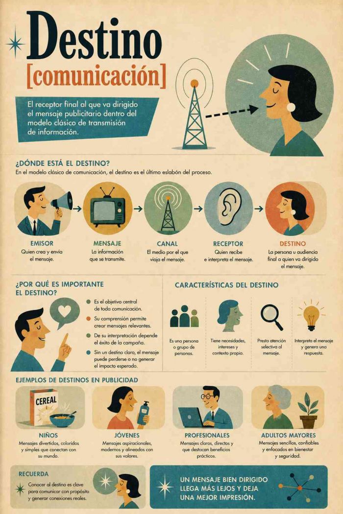 Infografía educativa sobre Destino, sus elementos principales y su relación con el marketing digital.