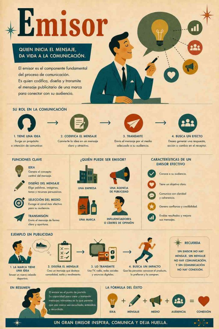 Infografía educativa sobre Emisor, sus elementos principales y su relación con el marketing digital.