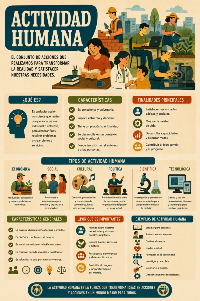 Infografía educativa sobre Actividad humana, sus elementos principales y su relación con el marketing digital.