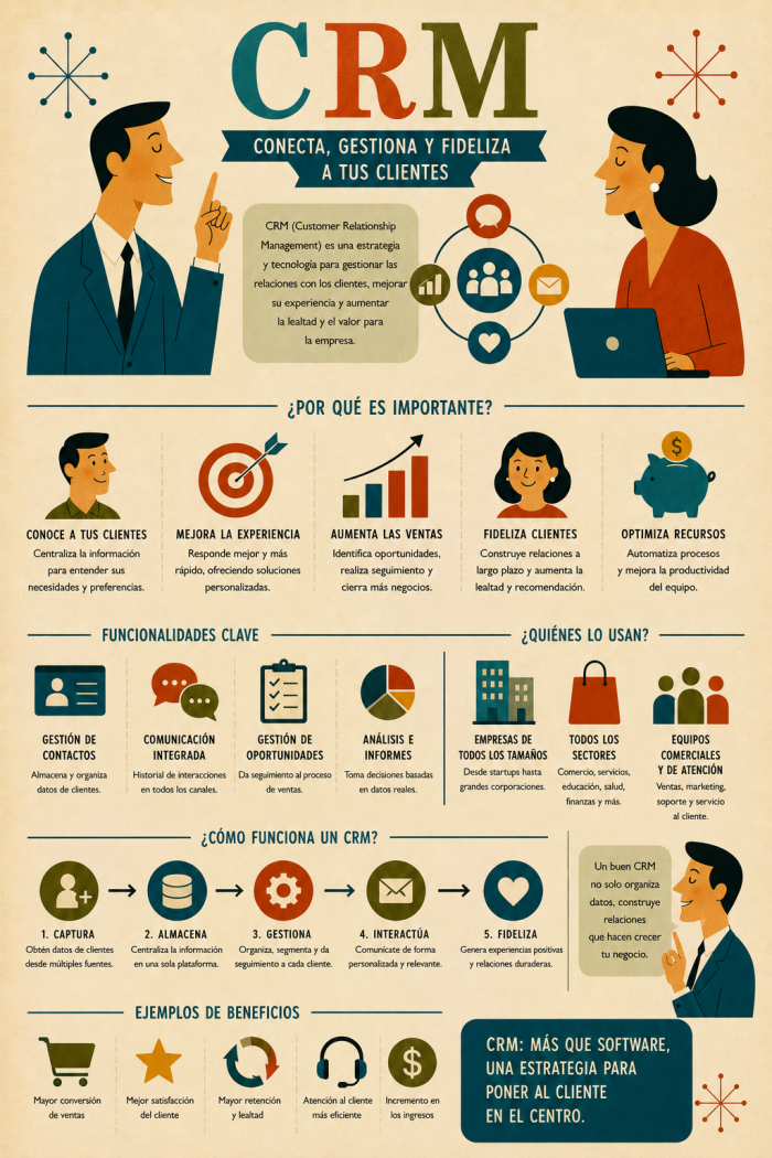 Infografía educativa sobre CRM, sus elementos principales y su relación con el marketing digital.