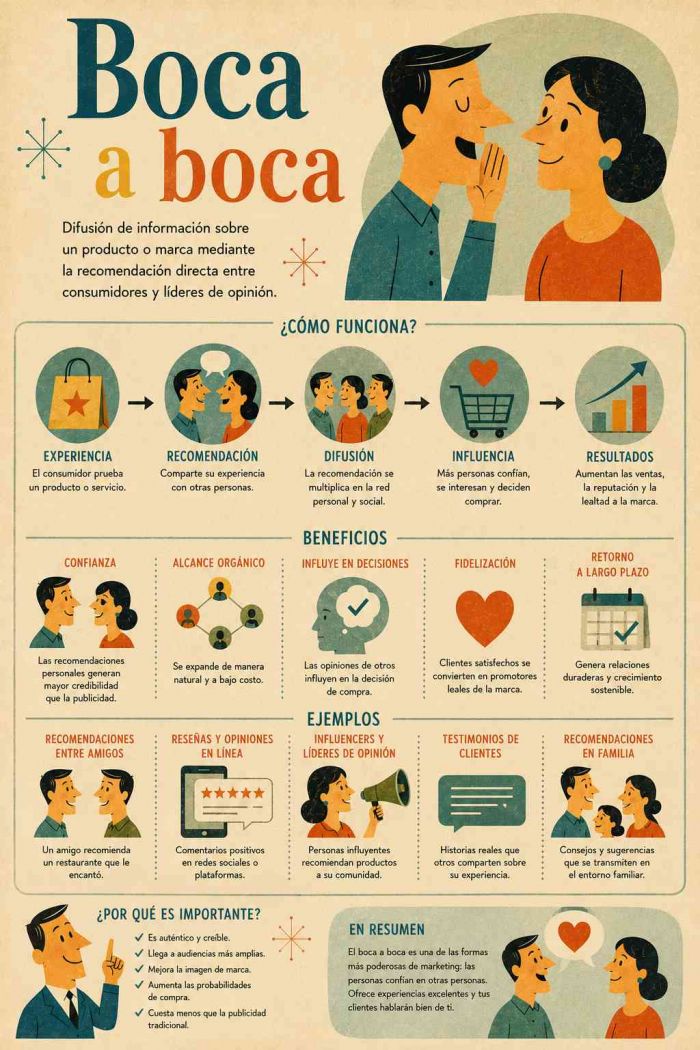 Infografía educativa sobre Boca a Boca, sus elementos principales y su relación con el marketing digital.