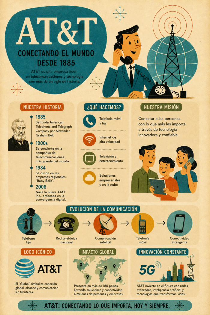 Infografía educativa sobre AT&T, sus elementos principales y su relación con el marketing digital.