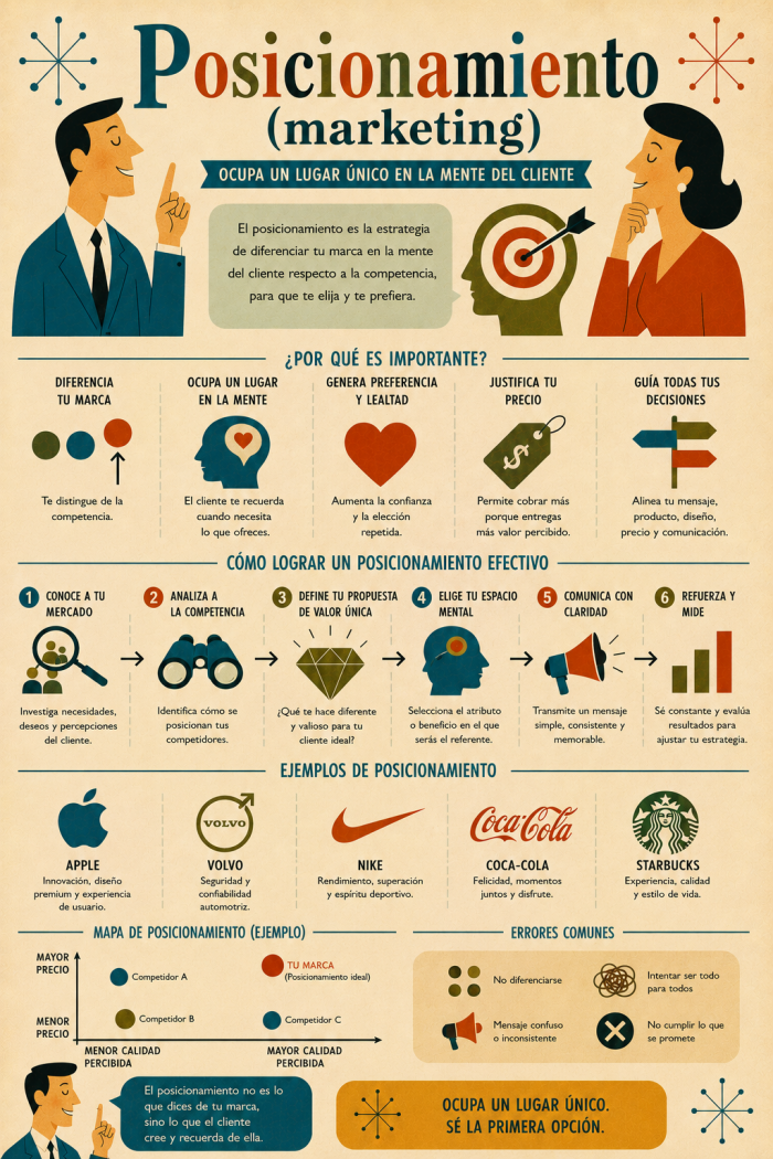 Infografía educativa sobre Posicionamiento (marketing), sus elementos principales y su relación con el marketing digital.
