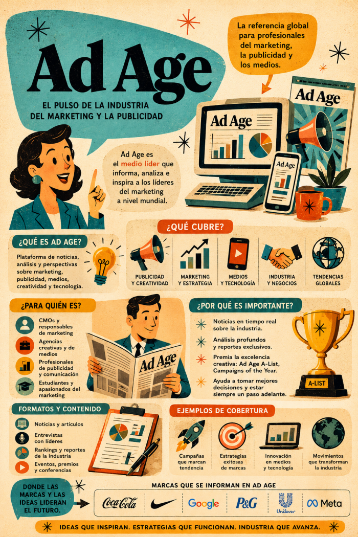 Infografía educativa sobre Ad Age, sus elementos principales y su relación con el marketing digital.