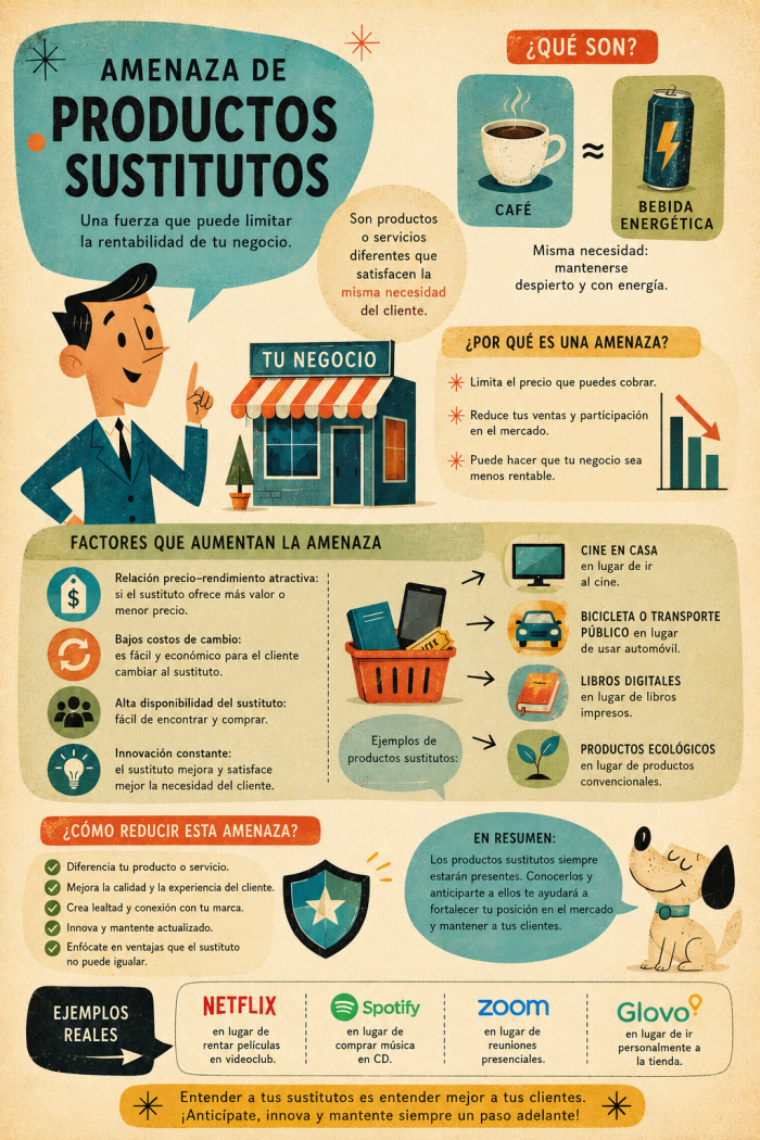Infografía educativa sobre Amenaza de productos sustitutos, sus elementos principales y su relación con el marketing digital.