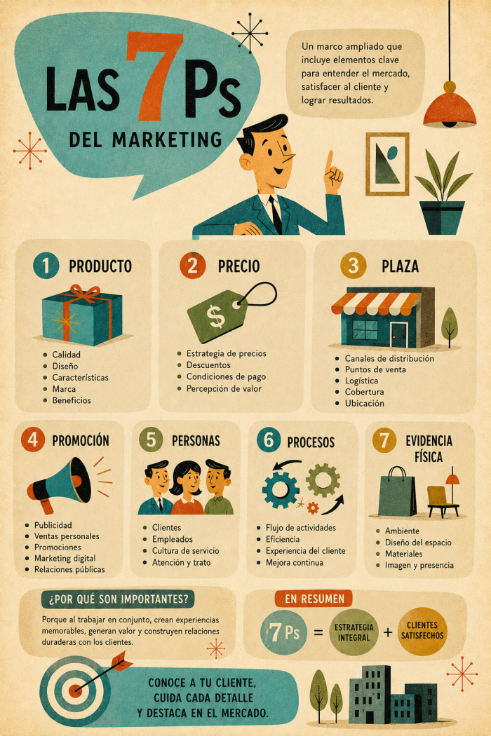 Infografía educativa sobre 7 Ps del marketing, sus elementos principales y su relación con el marketing digital.
