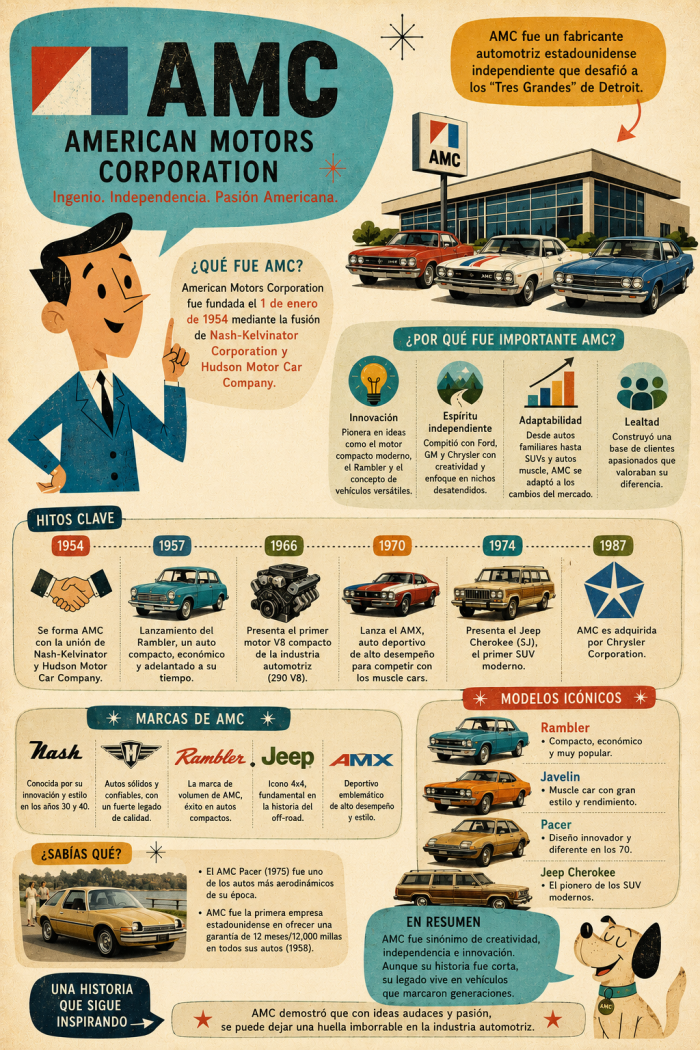 Infografía educativa sobre American Motors Corporation, sus elementos principales y su relación con el marketing digital.