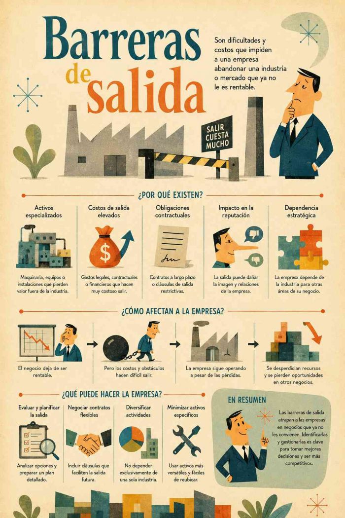 Infografía educativa sobre Barreras de Salida, sus elementos principales y su relación con el marketing digital.