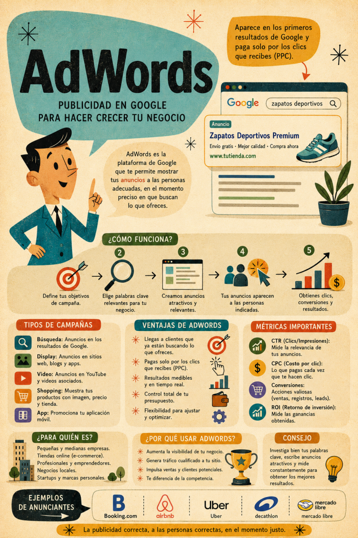 Infografía educativa sobre AdWords, sus elementos principales y su relación con el marketing digital.