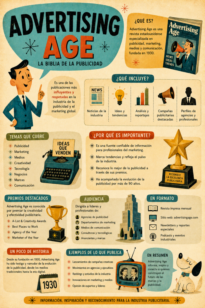 Infografía educativa sobre Advertising Age, sus elementos principales y su relación con el marketing digital.
