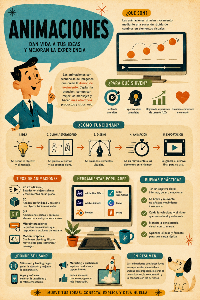 Infografía educativa sobre Animaciones, sus elementos principales y su relación con el marketing digital.