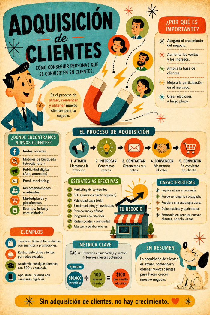 Infografía educativa sobre Adquisición de clientes, sus elementos principales y su relación con el marketing digital.