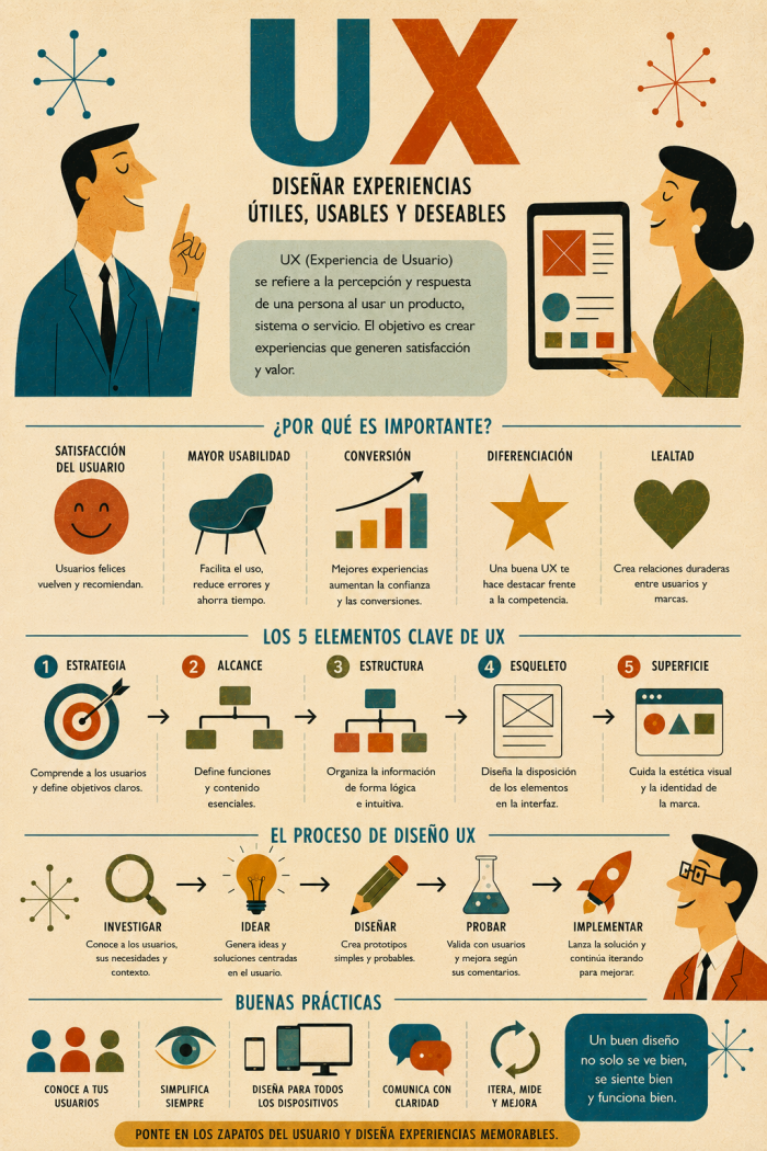 Infografía educativa sobre UX, sus elementos principales y su relación con el marketing digital.