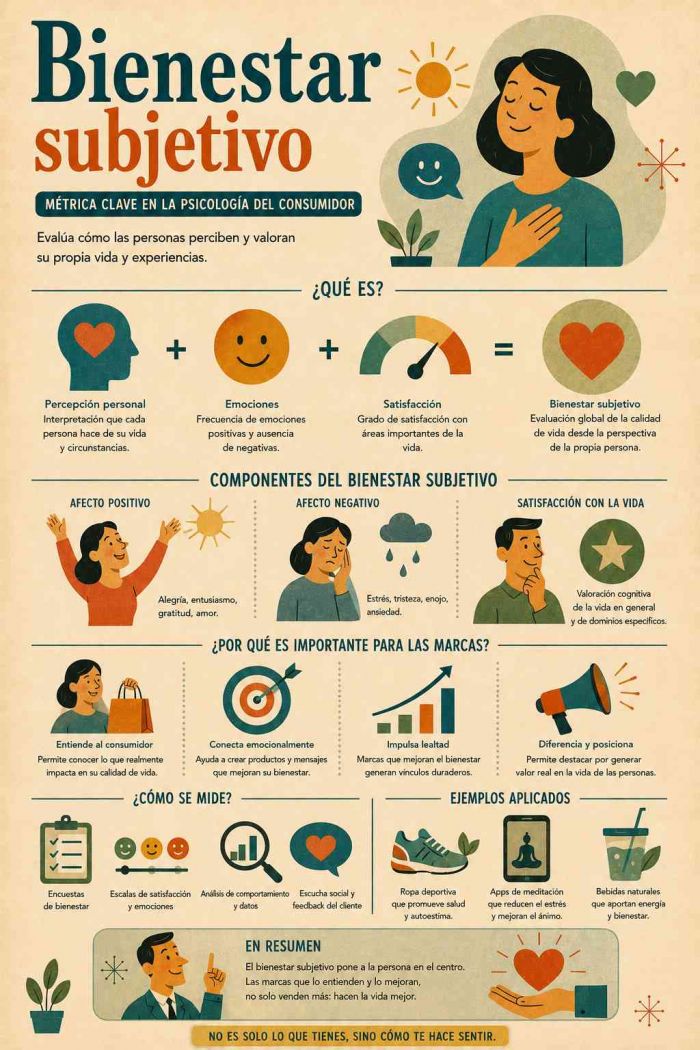Infografía educativa sobre Bienestar Subjetivo, sus elementos principales y su relación con el marketing digital.