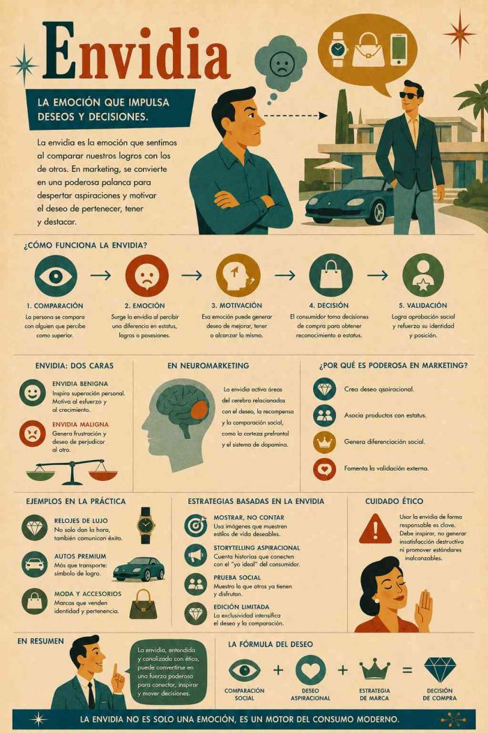 Infografía educativa sobre Envidia, sus elementos principales y su relación con el marketing digital.