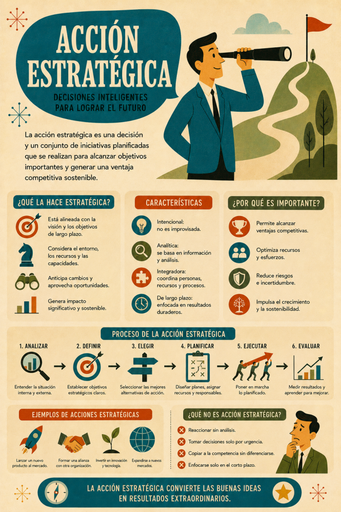 Infografía educativa sobre Acción estratégica, sus elementos principales y su relación con el marketing digital.