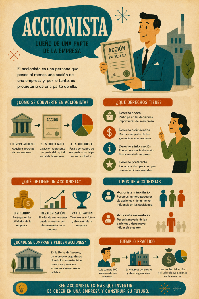 Infografía educativa sobre Accionista, sus elementos principales y su relación con el marketing digital.