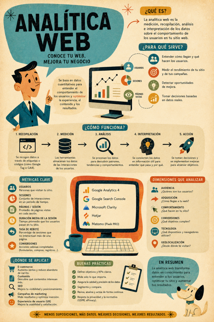 Infografía educativa sobre Analítica web, sus elementos principales y su relación con el marketing digital.