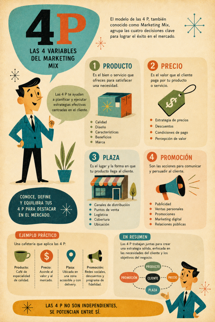 Infografía educativa sobre 4 P, sus elementos principales y su relación con el marketing digital.