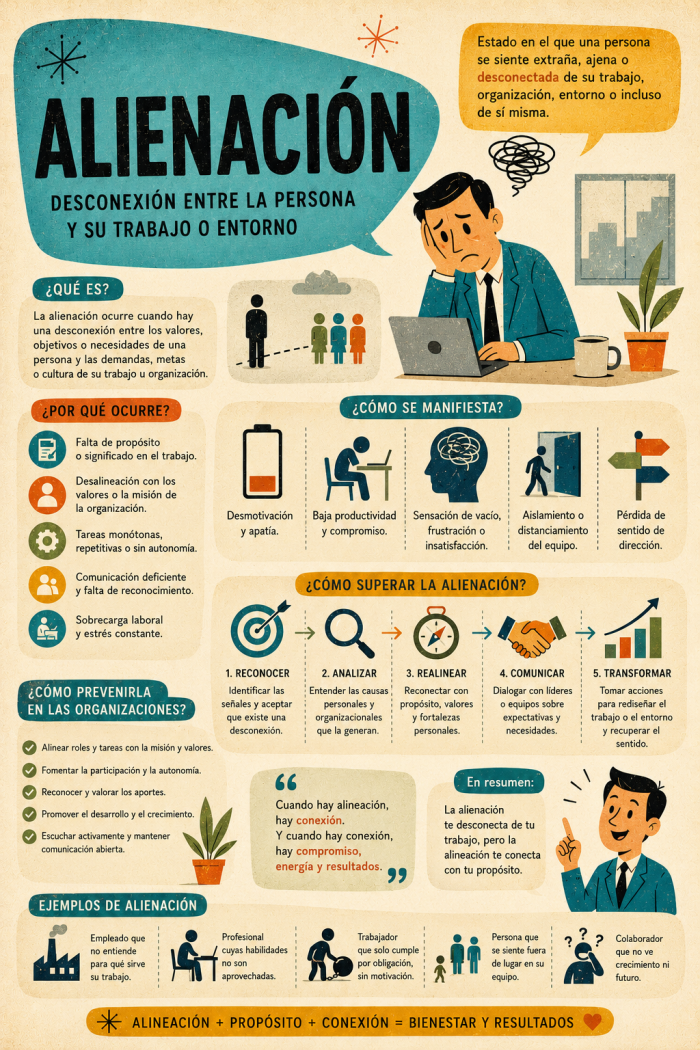 Infografía educativa sobre Alienación, sus elementos principales y su relación con el marketing digital.