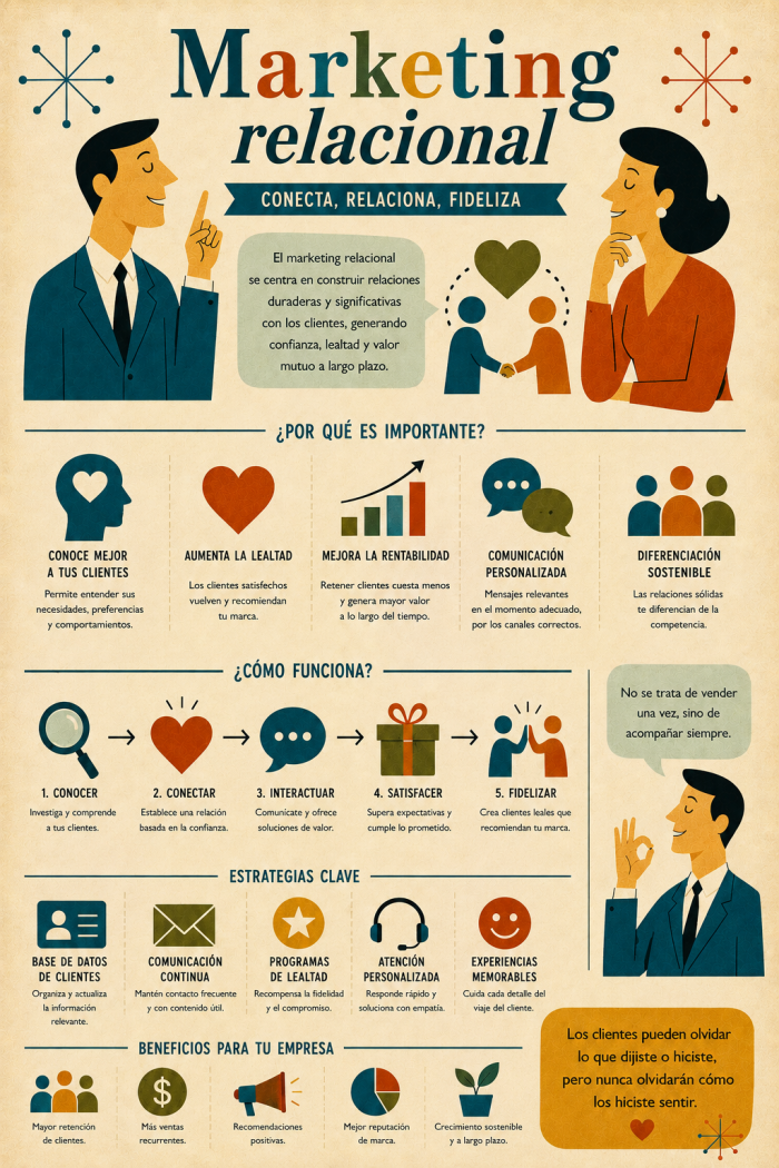 Infografía educativa sobre Marketing Relacional, sus elementos principales y su relación con el marketing digital.