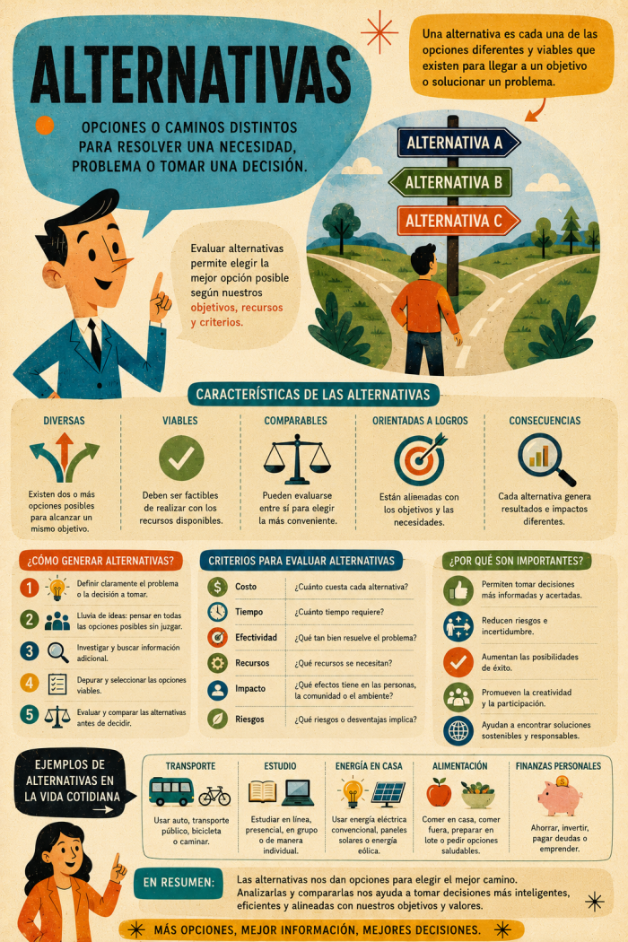 Infografía educativa sobre Alternativas, sus elementos principales y su relación con el marketing digital.