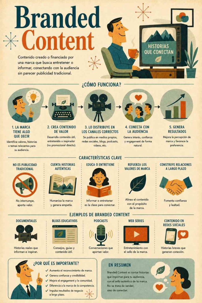 Infografía educativa sobre Branded Content, sus elementos principales y su relación con el marketing digital.