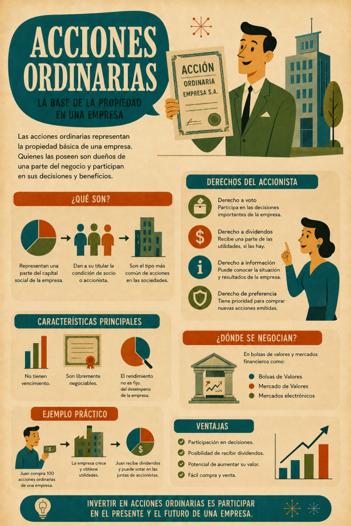 Infografía educativa sobre Acciones ordinarias, sus elementos principales y su relación con el marketing digital.